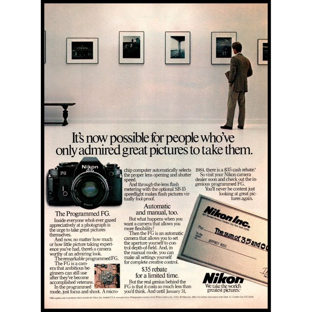 1983 Nikon FG SLR Film Camera Vintage Print Ad Photography Art Gallery Photo